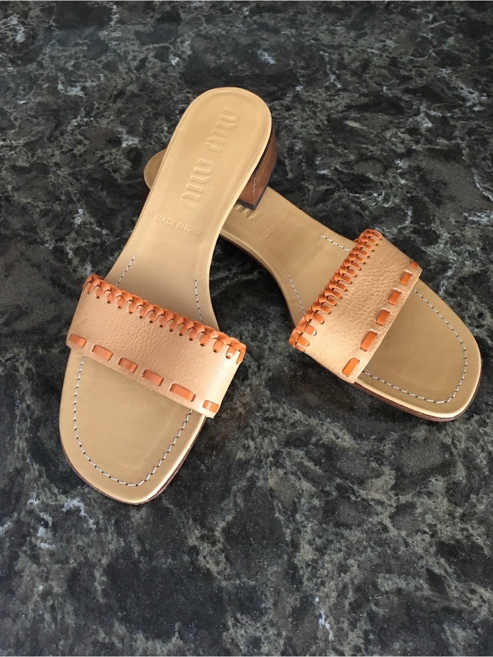 Miu Miu Tan Leather Slide Sandals with Orange Whipstitch
